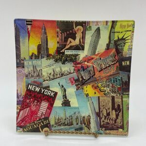 Vintage New York Themed Fused Art Glass Square Trinket Vanity Dish Tray 6"